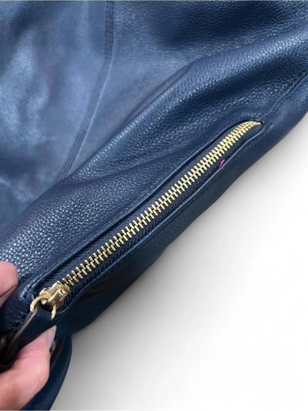 Silpada Navy Genuine Leather Hobo Bag Fuchsia Lining